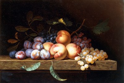 Pêches, prunes et raisins sur un rebord de pierre - Paul Liegeois