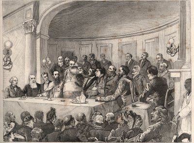 Le Congrès antiesclavagiste tenu à Paris les 21, 22 et 23 septembre 1890 à la Société de Géographie en présence de Jules Simon, Émile Keller et Monseigneur Lavigerie. Gravure d