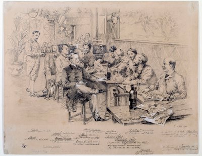 Les membres de la rédaction du magazine "Le chat noir" fondé par Rodolphe Salis pour promouvoir le cabaret homonyme : parmi eux, Caran d
