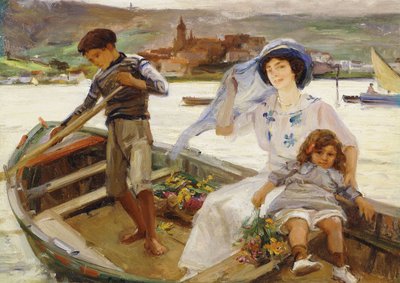 Une mère et un enfant traversant une rivière avec une ville au-delà - Paul Michel Dupuy