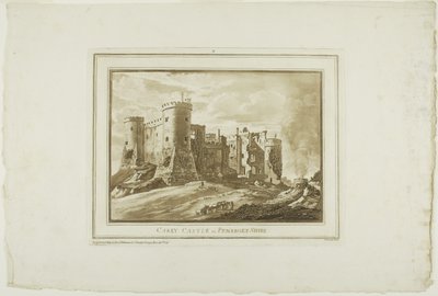 Château de Carey dans le Pembrokeshire, des Douze vues en aquatinte de dessins pris sur place au sud du Pays de Galles - Paul Sandby