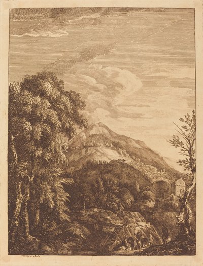 Paysage montagneux avec une cascade, une tour ronde, un château et des bandits - Paul Sandby