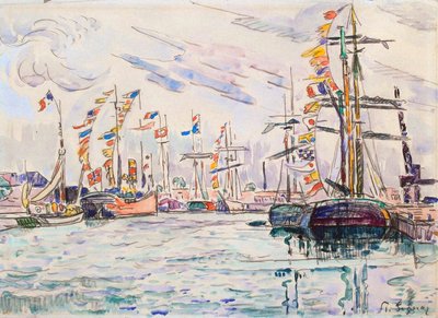 Voiliers avec drapeaux de fête à un quai à Saint-Malo, années 1920 - Paul Signac