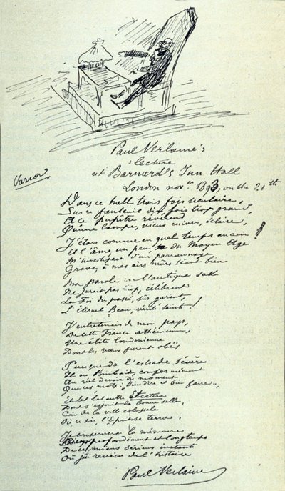 Poème signé du poète français Paul Verlaine (1844-1896) avec croquis du représentant lors d