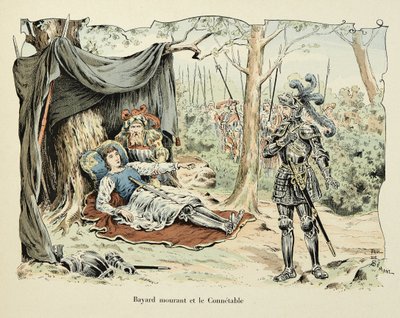 Illustration tirée du livre « Histoire du chevalier Bayard » de Théodore Cahu, illustrée par Paul De Semant (1855-1915) : Bayard mourant et Le Connétable de Bourbon 1524 - Paul de Semant