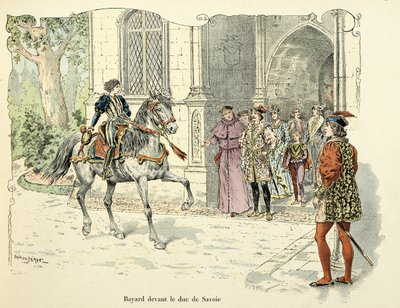 Illustration tirée du livre « Histoire du chevalier Bayard » de Théodore Cahu, illustrée par Paul De Sémant (1855-1915) : Bayard à 11 ans devant le duc de Savoie 1486 - Paul de Semant