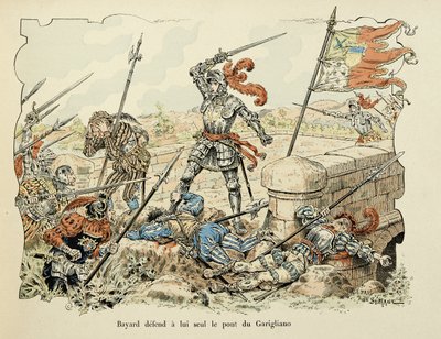 Illustration tirée du livre "Histoire du chevalier Bayard" de Théodore Cahu, illustrée par Paul De Sémant (1855-1915) : Bayard défend seul le pont de Garigliano 1504 - Paul de Semant