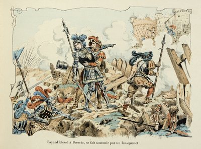 Illustration tirée du livre "Histoire du chevalier Bayard" de Théodore Cahu, illustrée par Paul De Sémant (1855-1915) : Bayard blesse un Brescia soutenu par un lansquenet 1512 - Paul de Semant