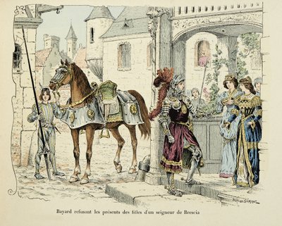 Illustration tirée du livre "Histoire du chevalier Bayard" de Théodore Cahu, illustrée par Paul De Sémant (1855-1915) : Bayard refusant les présents des filles d