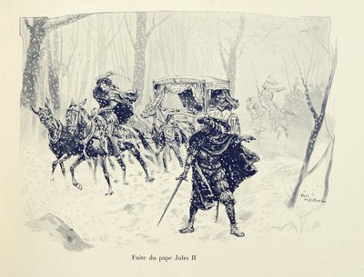 Illustration tirée du livre « Histoire du chevalier Bayard » de Théodore Cahu, illustrée par Paul De Semant (1855-1915) : Fuite du pape Jules II - Paul de Semant