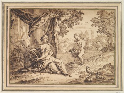 Femmes assises sous un pilier avec putto - Paul van Somer