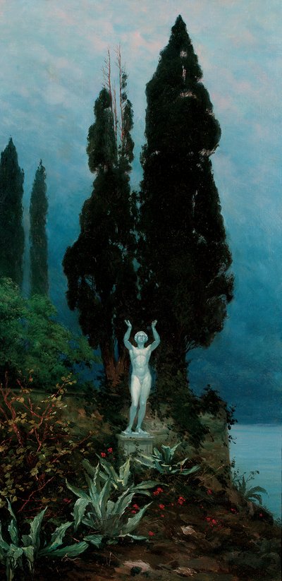 Une statue dans un paysage lacustre - Paul von Spaun