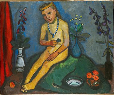 Nu de jeune fille assise avec des fleurs (oil on canvas) - Paula Modersohn-Becker