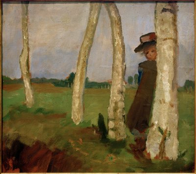 Fille avec chapeau entre les troncs de bouleaux - Paula Modersohn Becker