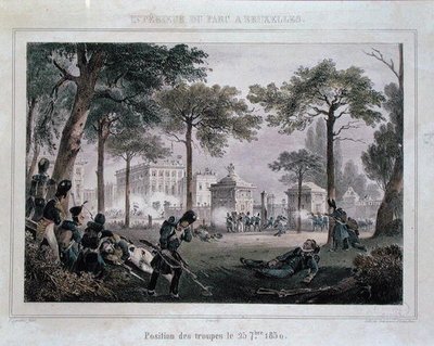 Troupes dans le Parc Royal, Bruxelles, 25 septembre 1830, gravé par Dewasme-Pletinckx - Paulus (after) Lauters