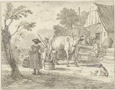 Paysans avec une vache devant la maison - Paulus Constantijn la Fargue