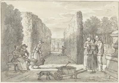 Diverses personnes dans un jardin avec de hautes haies - Paulus Constantijn la Fargue