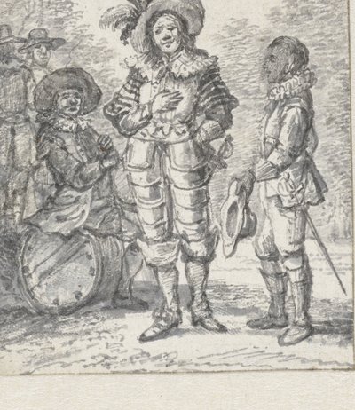 Projet pour illustration de troupe de théâtre : deux figures debout et une figure assise - Paulus Constantijn la Fargue