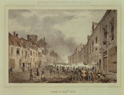 Combats dans la rue Schaerbeek, Bruxelles, dimanche 25 septembre 1830, gravé par Dewasme-Pletinckx - Paulus Lauters
