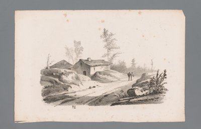 Paysage de colline avec chemin de campagne et maisons (titre de la série : Principes de paysages) - Paulus Lauters