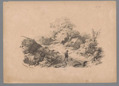 Paysage avec homme et chien sur un chemin de campagne - Paulus Lauters