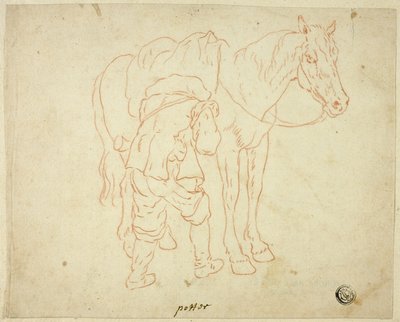 Homme ajustant la selle sur un cheval - Paulus Potter