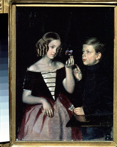 Portrait des deux enfants Gerbin contemplant un papillon - Pavel Andreevich Fedotov