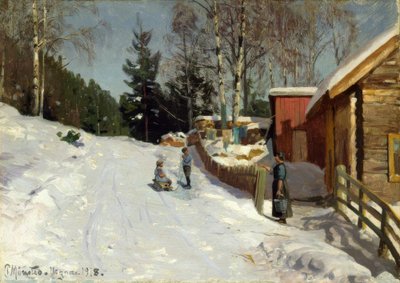 Enfants jouant dans une rue de village enneigée - Peder Monsted