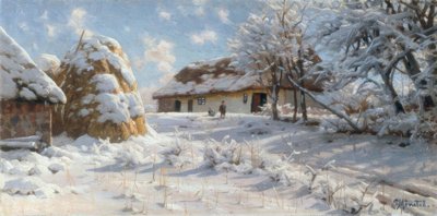 Paysage de village enneigé avec enfants en luge - Peder Monsted
