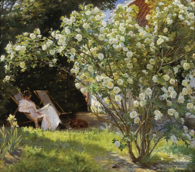 Roses. Marie Krøyer assise dans le transat dans le jardin de la maison de Mme Bendsen - Peder Severin Krøyer