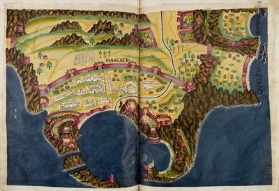 Illustration portugaise de Mascate, du manuscrit Livro do Estado da India Oriental de Pedro Barreto de Resende, Sloane MS 197 - Pedro Barretto de Resende