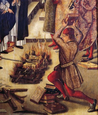 Brûlage des livres hérétiques, détail de San Domenico et les Albigeois, par Pedro Berruguete - Pedro Berruguete