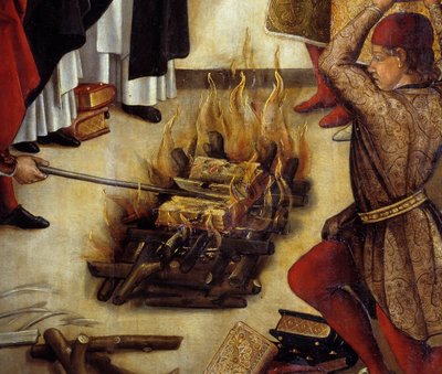 Détail de « Saint Dominique et les Albigeois » (Le Miracle des Fanjeaux) : le saint donne aux Albigeois le livre réfutant leur hérésie et les Albigeois essaient de le brûler, sans succès. Peinture de Pedro Berruguete (1450-1504). 16ème siècle - Pedro Berruguete