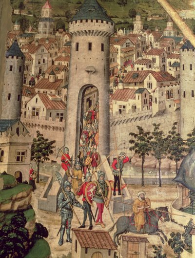 Retable de Saint Jordi, détail montrant la conquête de la ville de Majorque par l