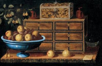 Bureau avec un petit coffre et un bol de fruits - Pedro de Camprobín