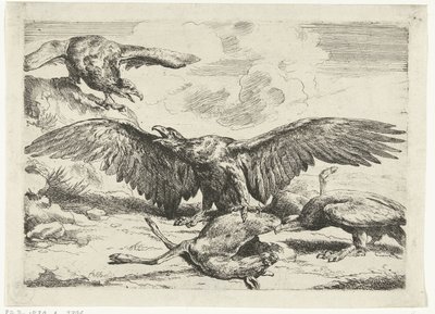 Trois aigles se battent pour un cerf mort Diversi uccelli (titre de la série) - Peeter Boel