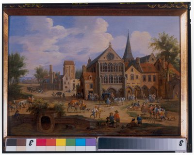 Scène de ville avec des paysans jouant aux quilles devant une église - Peeter or Pieter Bout