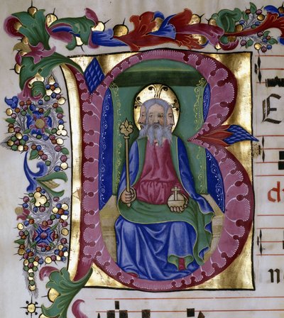 La Sainte Trinité : Dieu le Père dans sa majesté en trône, tenant l