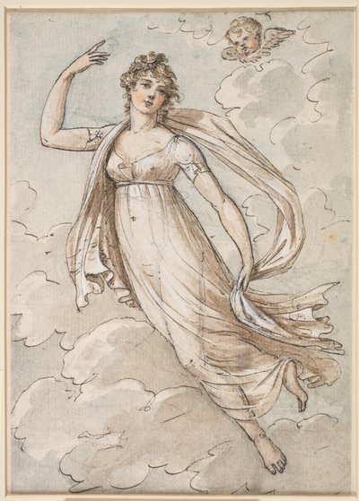 Femme flottant dans le ciel, observée par un chérubin - Peltro William Tomkins