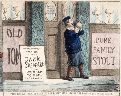 Le garçon - qui, en allant chercher la bière de la famille, apprend le chemin de la maison publique, pub. vers 1872 - Percy Cruikshank
