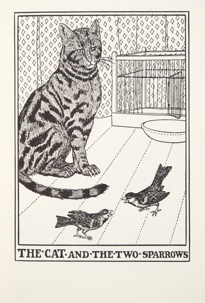 Le Chat et les Deux Moineaux, des Fables de Fontaine, pub. 1905 - Percy J. Billingshurst