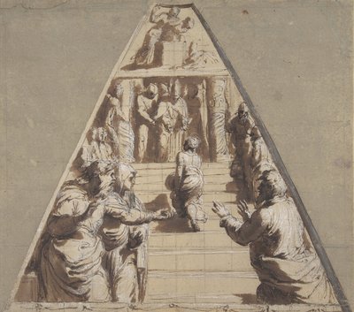 Présentation de la Vierge au Temple en bas, Abraham sur le point de sacrifier Isaac en haut, 1520 - Perino del Vaga
