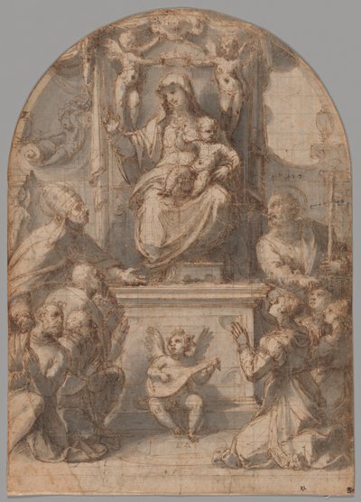 La Vierge en trône avec les saints Grégoire et Jacques, et une famille de donateurs - Perino del Vaga