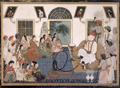 Un Européen, probablement Sir David Ochterlony, en tenue indienne, fumant un hookah et regardant une nautch chez lui à Delhi, c.1820 - Persian School