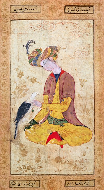 Un chasseur caressant son faucon - Persian School