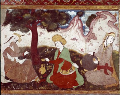 Une princesse persane avec ses courtisanes dans un jardin du 17ème siècle. Fresque du Palais des 40 Colonnes (Chehel Sotoun) à Ispahan, Iran - Persian School