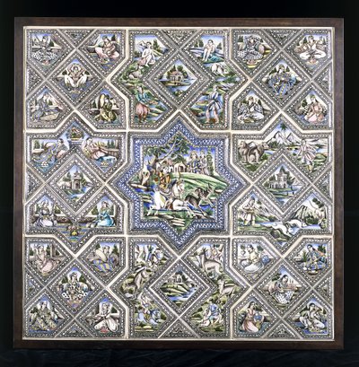 Un panneau de carreaux en poterie, représentant Bahram Gur chassant, et plusieurs autres figures dans une variété de scènes - Persian School
