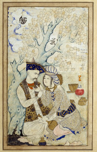 Art islamique : Portrait de Shah Abbas I embrassant un de ses pages - Persian School