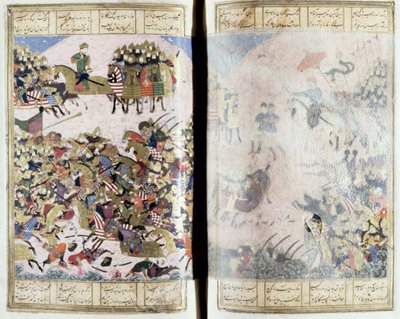 Bataille entre Isfandiyar et Arjasp, illustration du Shahnama (Livre des Rois), par Abul-Qasim Manur Firdawsi (c.934-c.1020) c.1440-45 - Persian School