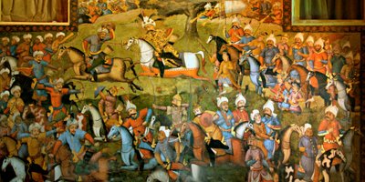 Bataille de Taher-Abad ou Bataille de Merv avec la victoire de Shah Ismail I sur Muhammad Shaybani Khan, Salle de Réception, Chehel Sotun, 1647 - Persian School